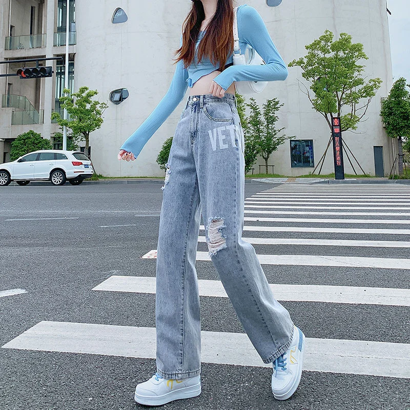 

Women's Jeans Hollow Wide Legs Fall 2021 Fashion High Waist Loose Straight Letter Printed 100% Cotton Retro Casual Women's Jeans