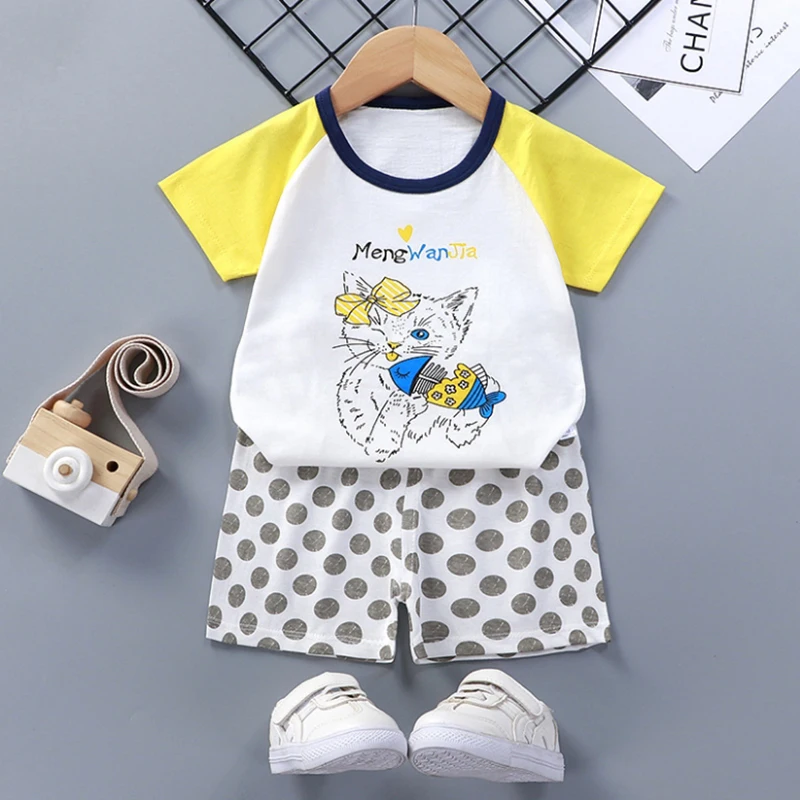 Летние Детский костюм для мальчиков комплект из 2 Футболка с короткими рукавами +