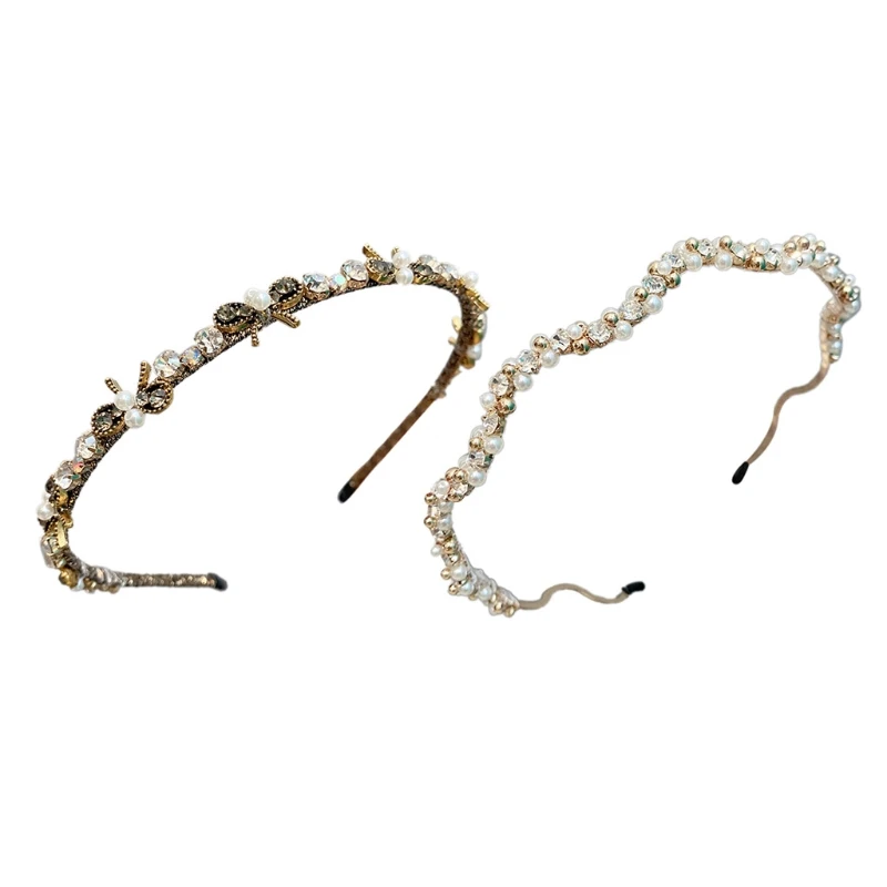 

094B Pearl Wave Rhinestones Hairbands Elegant Hair Hoop Rhinestones Bow Headdress Fashion Hair Accessories for Women Girls