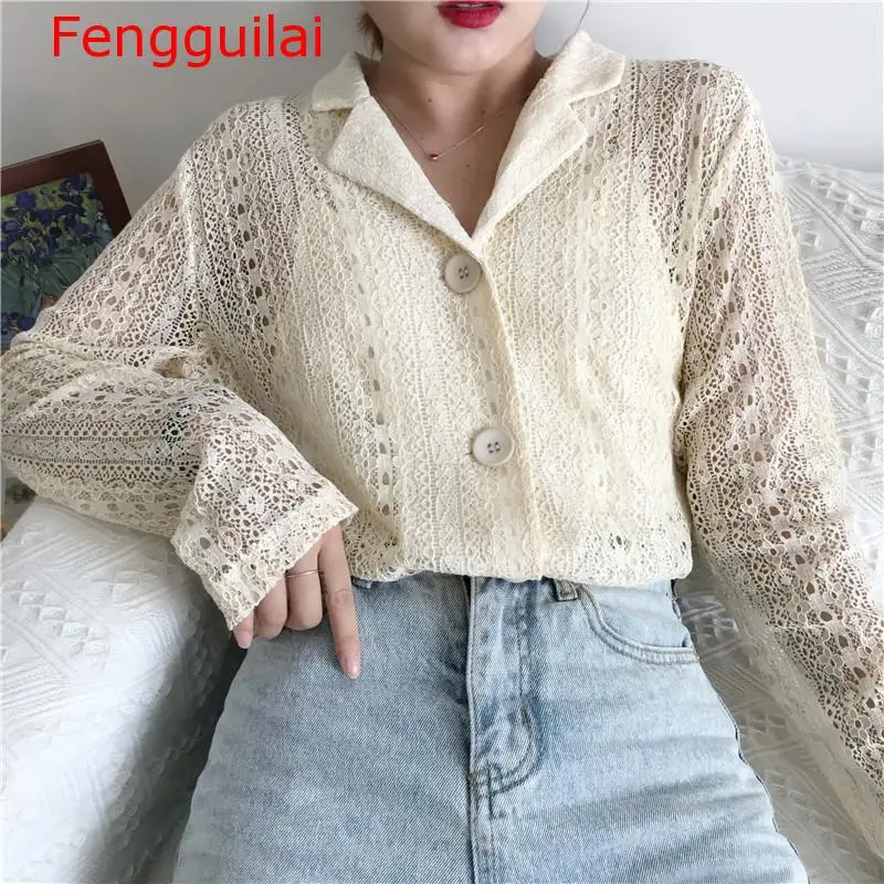 Женская кружевная блузка Fengguilai осенняя ажурная рубашка с длинным рукавом и