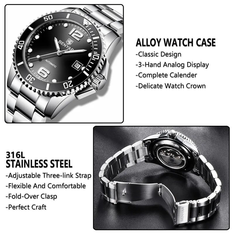 

BENYAR 2021 New Classic Dial Black Luxury Automatic Men's Watch Mechanical Men's Stainless Steel Waterproof Watch reloj hombre