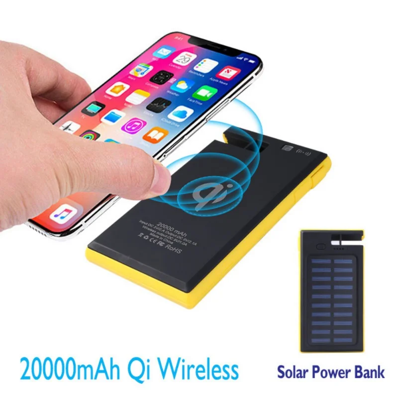 20000mAh беспроводной Солнечный внешний аккумулятор 2 USB светодиодный портативный водонепроницаемый аккумулятор зарядное устройство с держателем телефона