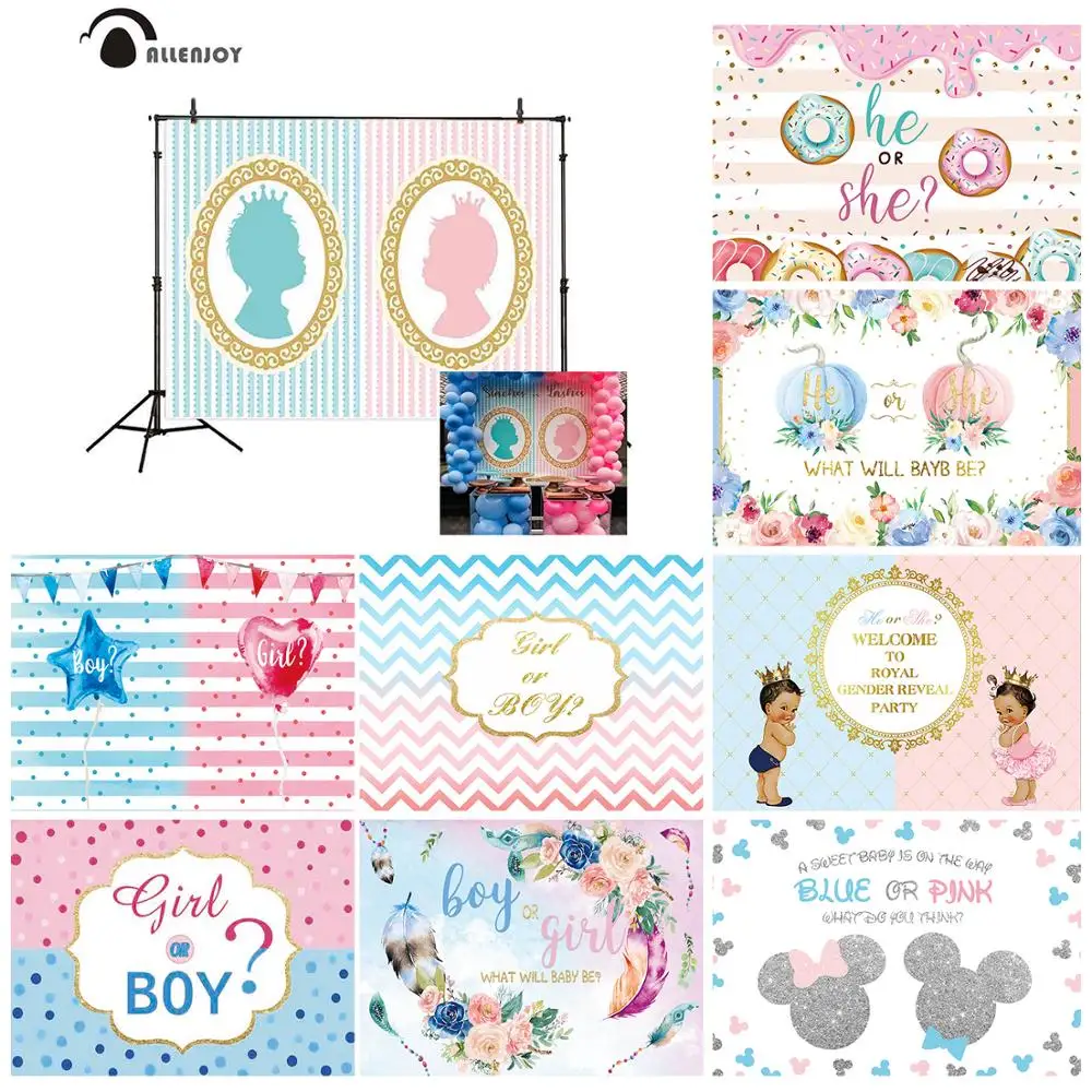 

Allenjoy gender reveal boy or girl party photography background baby shower Balloon Decoration Custom Photo Banner Backdrop