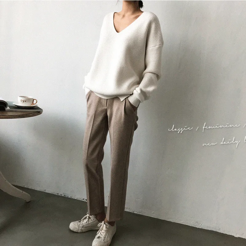 Korean Style Women Tops 2020 Autumn V Neck Solid Knitted Sweater Casual Loose Long Sleeve Ladies Pullover Cashmere | Женская одежда