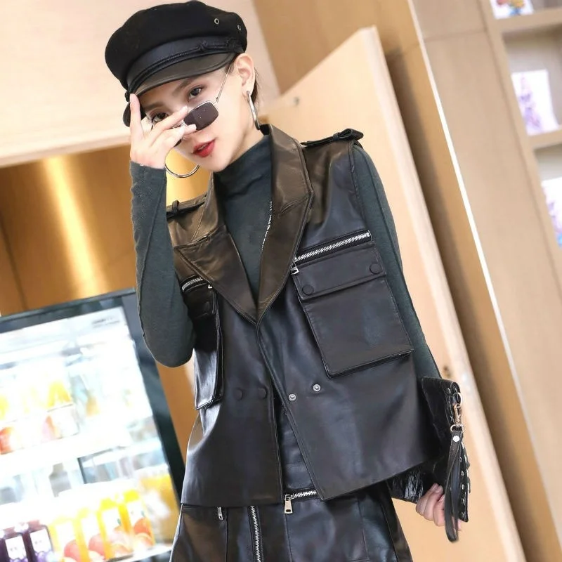 

Женская Короткая кожаная куртка, куртка из натуральной овечьей кожи, без рукавов, с отложным воротником и карманами, на тонкой молнии и пуго...