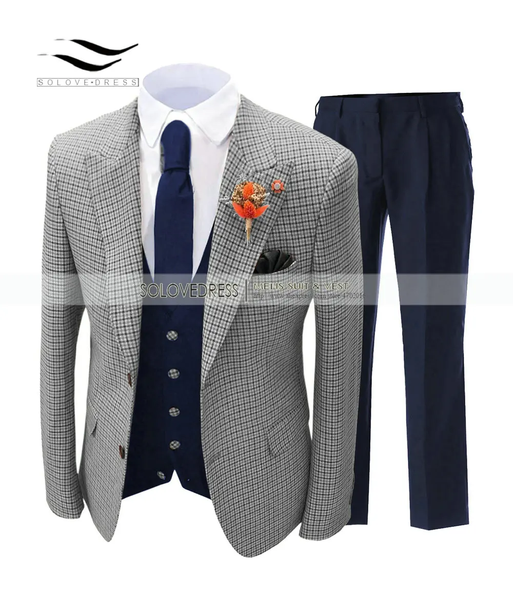 Silvern Formal Men's Suits Regular Fit Plaid Wool Tweed Prom Tuxedos 3 Piece Solid Suit Best man For Wedding (Blazer+Vest+Pants)