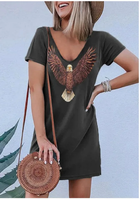 

Fashion Eagle Print Party Dress Women New Summer Vintage Loose V-Neck Mini Dress Casual Lady Short Sleeve Dress Vestidos