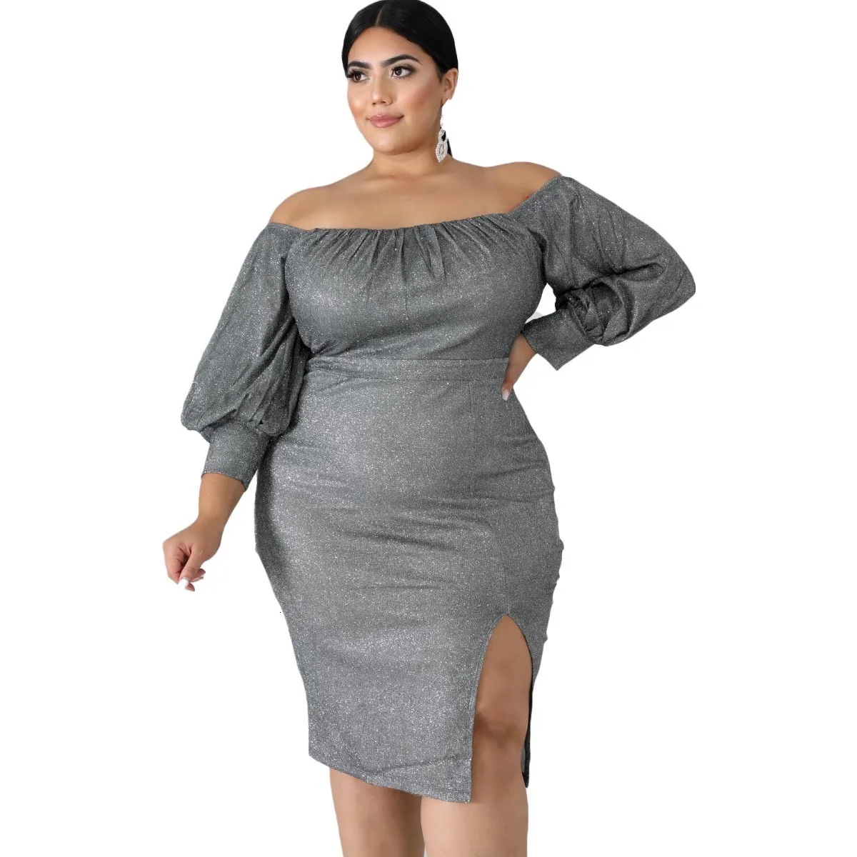 Сексуальное платье размера плюс 2xl~ 6xl с открытыми плечами, женские Клубные вечерние платья с длинным рукавом и блестками, блестящие вечерние платья Vestidos