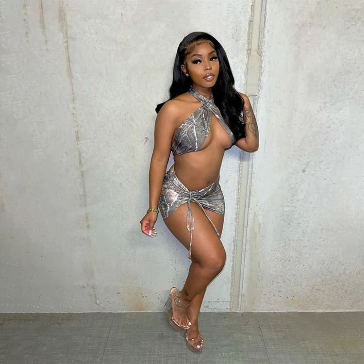 

Snake Skin Print Summer Two Piece Sets Women Sexy Halter Crop Top Skirt Outfit Matching Set Split Backless Drawstring Tracksuit