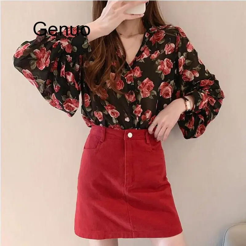 

Big Size Floral Chiffon Shirt Retro Printed Loose Long Sleeve Shirts Turndown Collar Single-breasted Women Top 4XL 2020 New