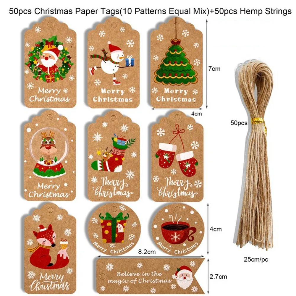 

50PCS Paper Merry Christmas Gift Tags Santa Snowman Elk DIY Hang Tags With Rope For Wedding Christmas Decor