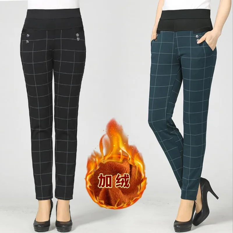 

Новые зимние женские клетчатые бархатные брюки с высокой талией, облегающие эластичные теплые брюки-карандаш, женская модель s1727