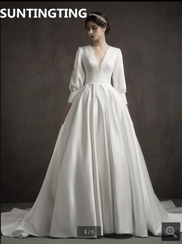 2020 new arrival white lace satin corset a line wedding dress 3/4 sleeve deep v neck sexy court train bridal gowns hot sale | Свадьбы и