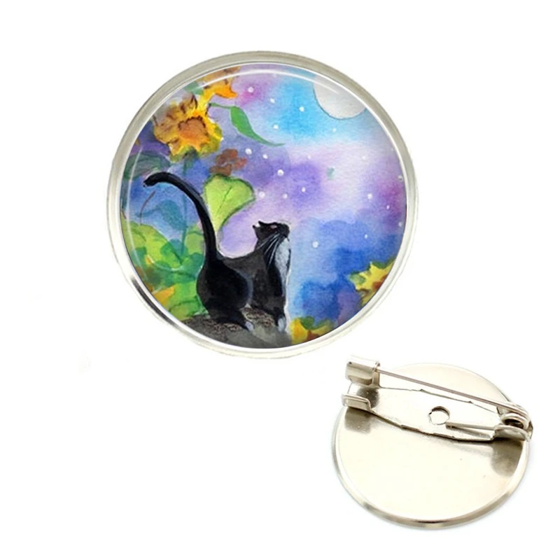 Акварельная Луна Кошка на заказ фото стеклянный конусообразные Броши день