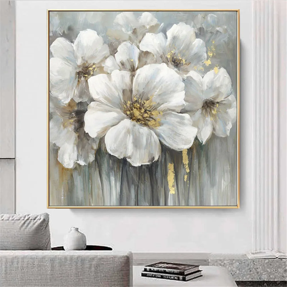 

Hot Sale Home Decor Wall Art Pictures Hand Painted plant White Flower Wall Art Oil Paintings Unframed Canvas painting Office Art