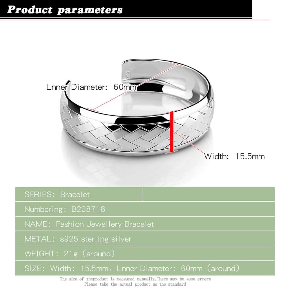 Женские 925 стерлингового серебра браслет 15 мм Сплошной Серебряный ювелирный c