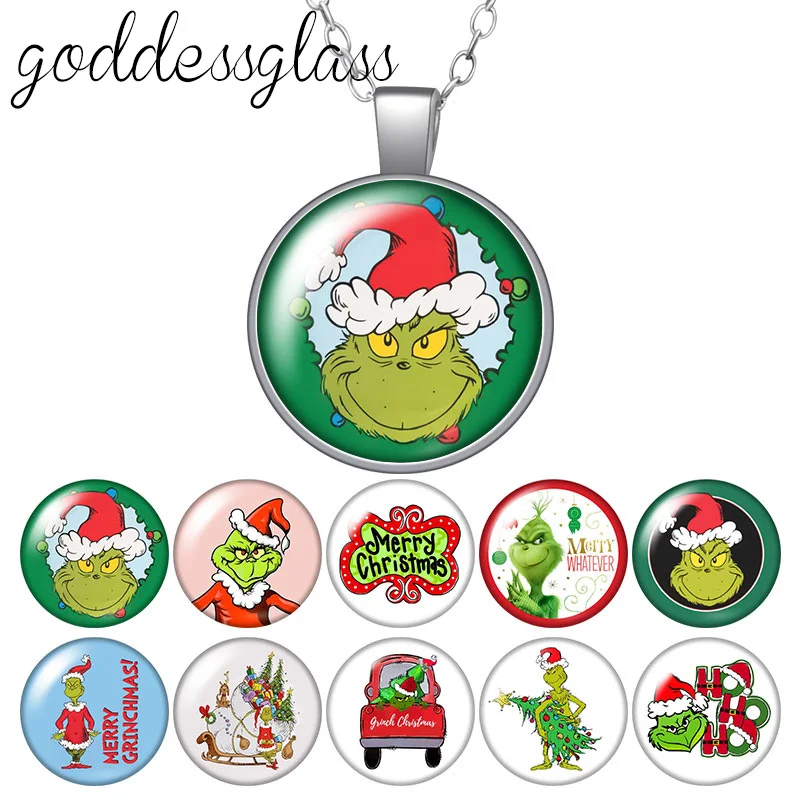 

New Christmas grinch drawings Round Glass glass cabochon silver plated/Crystal pendant necklace jewelry Gift