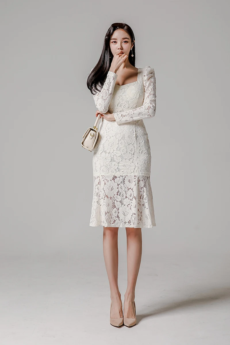 

COIGARSAM Casual Full Sleeve Women dress Spring Lace Dresses White 5381