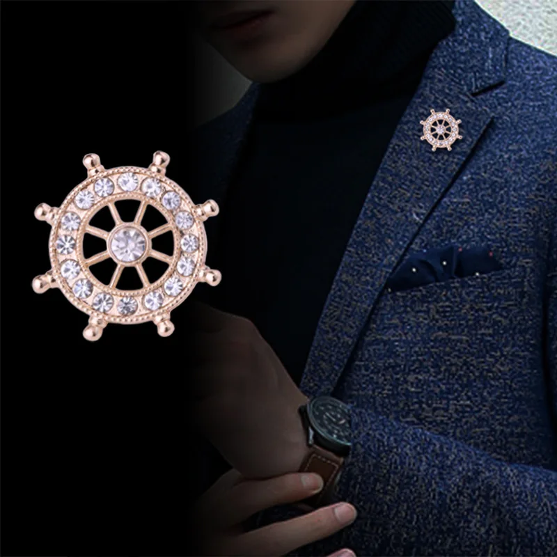 

Korean Fashion Rudder Crystal Brooch Pin Men's Suit Shirt Badge Metal Collar Lapel Pins and Brooches Trendy Jewelry Gifts