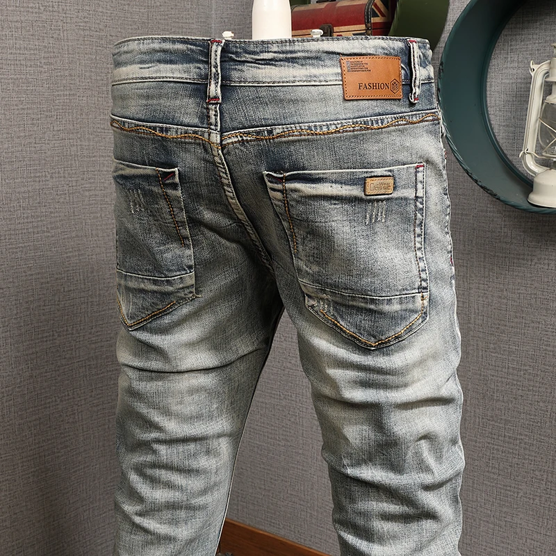 European American Vintage Fashion Men Jeans Distressed Wash Retro Elastic Slim Ripped Jeans Men Embroidery Designer Denim Pants