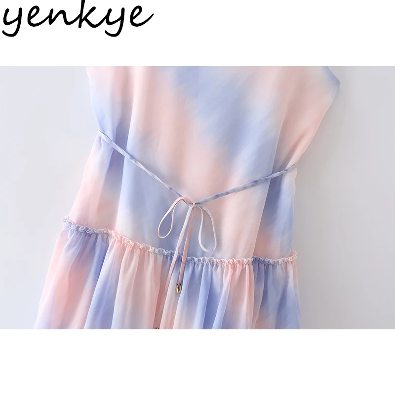 

YENKYE Multicolor Tie Dye Print Sexy Sling Dress Women Sleeveless Sashes Holiday Summer Beach Dress Casual Short Vestido