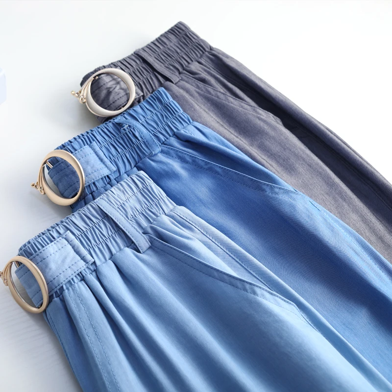 

Women Ice Silk Ankle-Length High Waist Long Pants 2021 Soft Comfort Casual Spring Slacks Female Trousers Solid Drawstring Pant