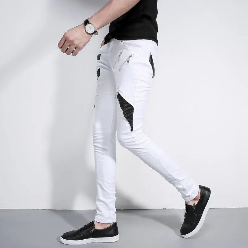 Индивидуальные мужские брюки в стиле панк Модные узкие на молнии длинные кожаные
