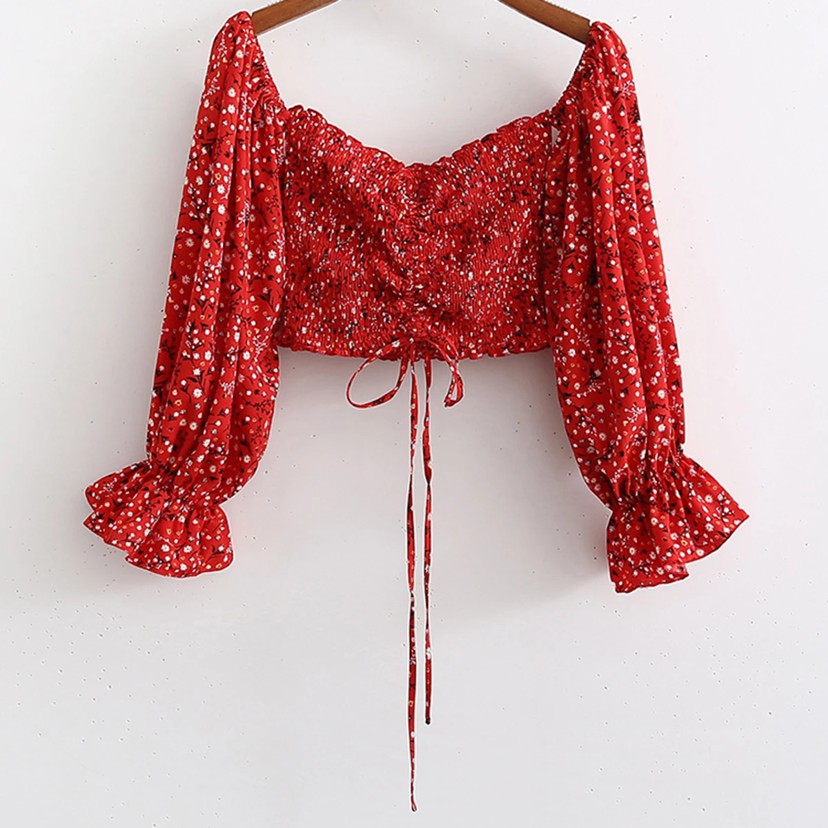 

Jastie, богемная летняя рубашка с цветочным принтом, рубашка с квадратным воротником, рукав-фонарик, сексуальная короткая блузка, кружевные ту...