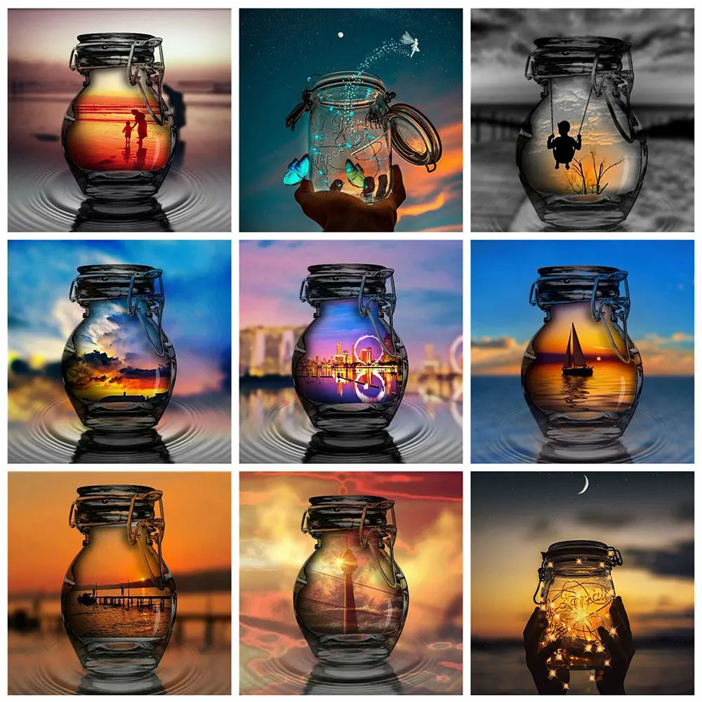 

HUACAN 5D Diamond Painting Full Round Square Bottle Pictures Of Rhinestones Diamond Embroidery Landscape Sunset Mosaic Craft Kit
