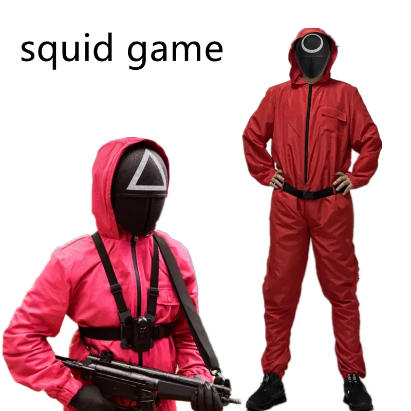 

squid game costume Red Jumpsuits Mask Set COS Disguise Korean Drama Halloween Christmas Horror Dress Up Round Six