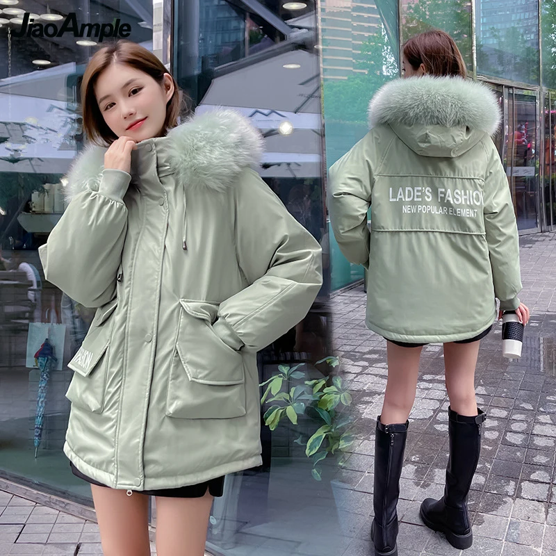 Winter Warm Thick Fur Cotton Jacket 2021 New Korean Student Fashion Packet Letter Hooded Long Coats Lady Snow Wear Black Outwear