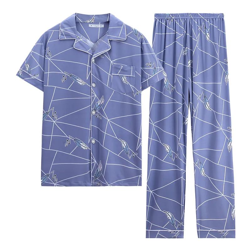 CAIYIER Spring Summer Polyester Men Nightwear Short Sleeve Trousers Casual Pajamas Set For Mens 2021 Pyjamas Lounge Wear L-4XL