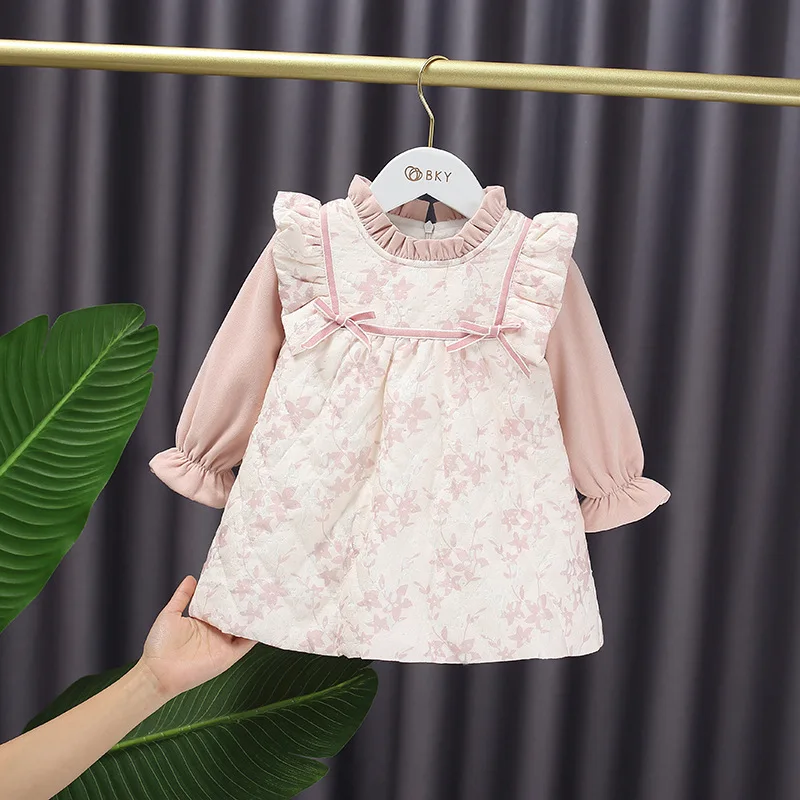 

2021 Winter Pink Thicken Children Clothes Baby Girls Patchwork New Years Dress Kids Bow Cotton cloth Dress Girls Outwear MB33
