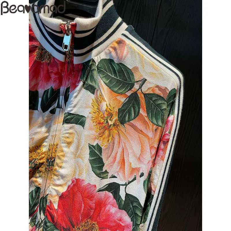 Beanomad Runway Fashion Summer Woman Pants Suit Stand Collar Straight Print Coat + Drawstring Slim Pencil Trousers 2 Piece Set