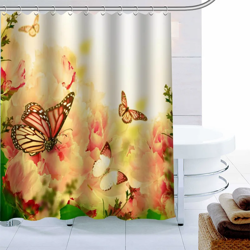 ShunQian Custom Butterfly Shower Curtain Polyester Fabric Bath Screens Curtains For Bathroom 3D Waterproof Hook | Дом и сад