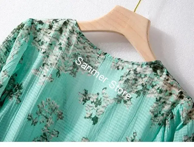 

Women Long Lantern Sleeve Shirt Loose Flower Printing V-neck Spring Summer Female Shirt