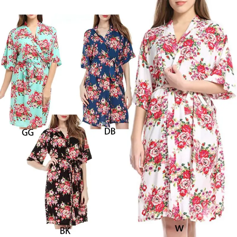 

Womens Half Sleeves Floral Print Cotton Midi Knee Length Kimono Bath Robes Belted V-Neck Bride Bridesmaid Nightgown Sleepwear