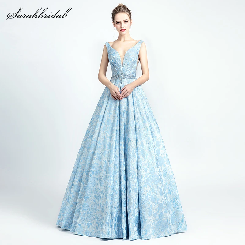 Robe De Soiree, Сексуальные вечерние платья, макси, Дубай, небесно-голубое, роскошное женское платье с v-образным вырезом, открытая спина, кристалл, бисер, вечерние платья WT5133