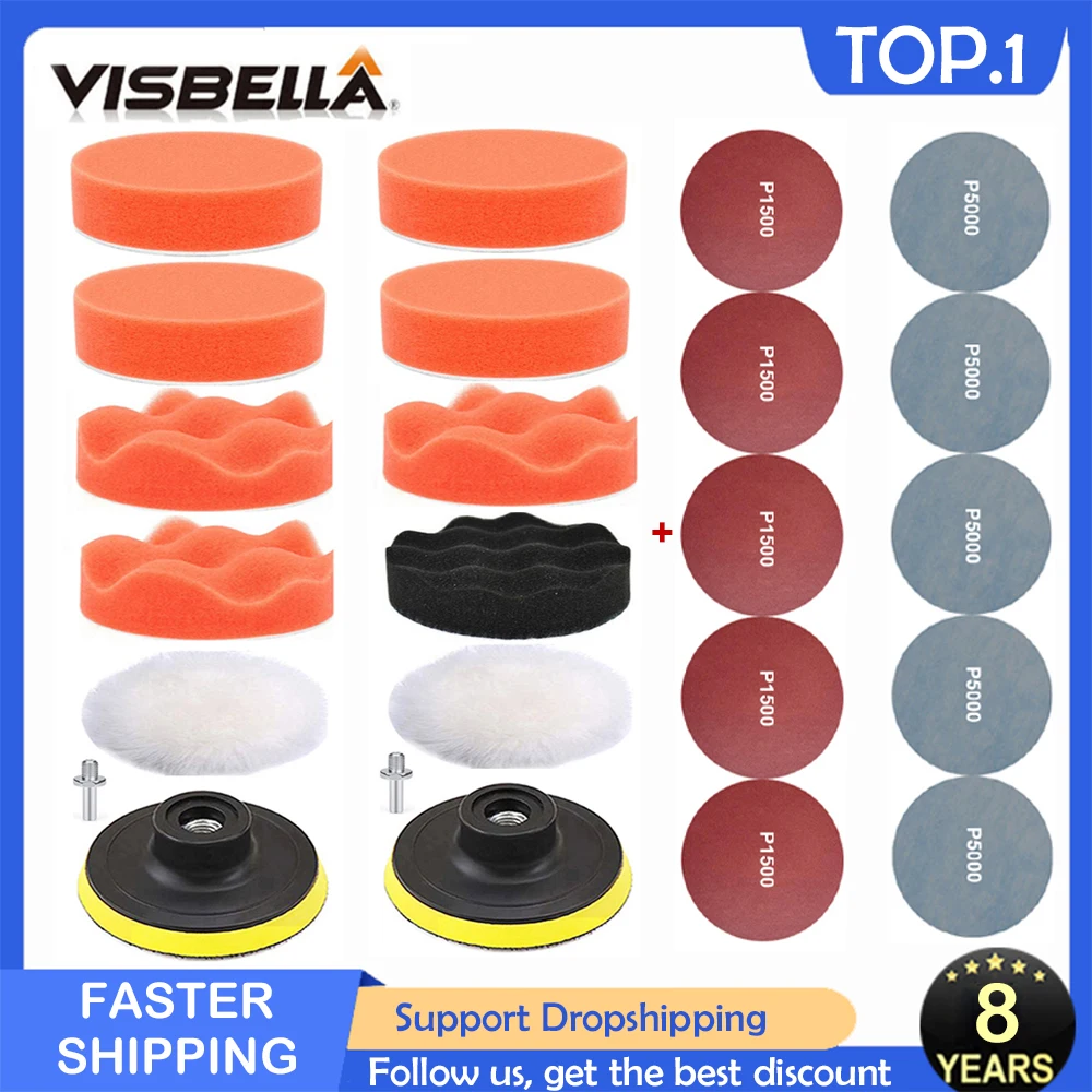 

VISBELLA Car Polishing Sponge Pad Set Self-Adhesive Buffer Waxing Sponge Adapter Drill Kits for Auto Body Headlight Repair 3inch