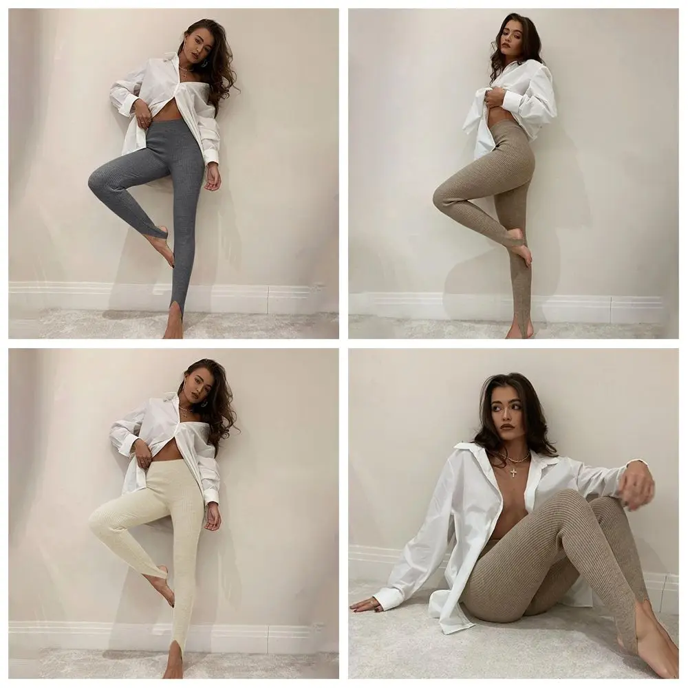 

Fitness Pants Stretch Skinny Autumn Winter Trousers Ribbed Knit Cotton High Waist Legging For Women