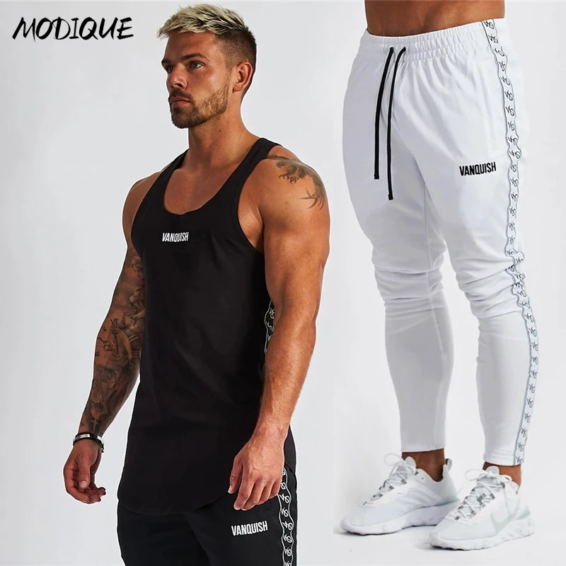 

Streetwear summer cotton men's vest embroidered patchwork trousers sweatpants jogger brand fitness fashion men's suit