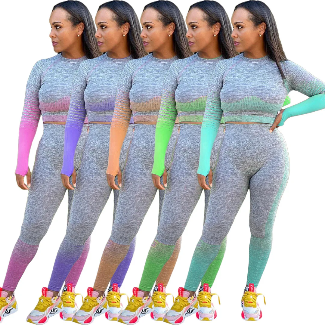 

24DL8017 Autumn Winter Women Casual Sports Skinny Gradient Print Two Piece Set Top and Pants Tracksuit Sweatsuit Outfits