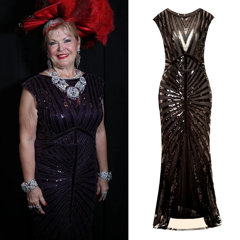 Black Dress Женское длинное платье для выпускного вечера 1920s в бусинах и пайетках, винтажное Макси-свадебное платье Gatsby(черное/розовое/зеленое/серебряное - Цвет: Black Dress