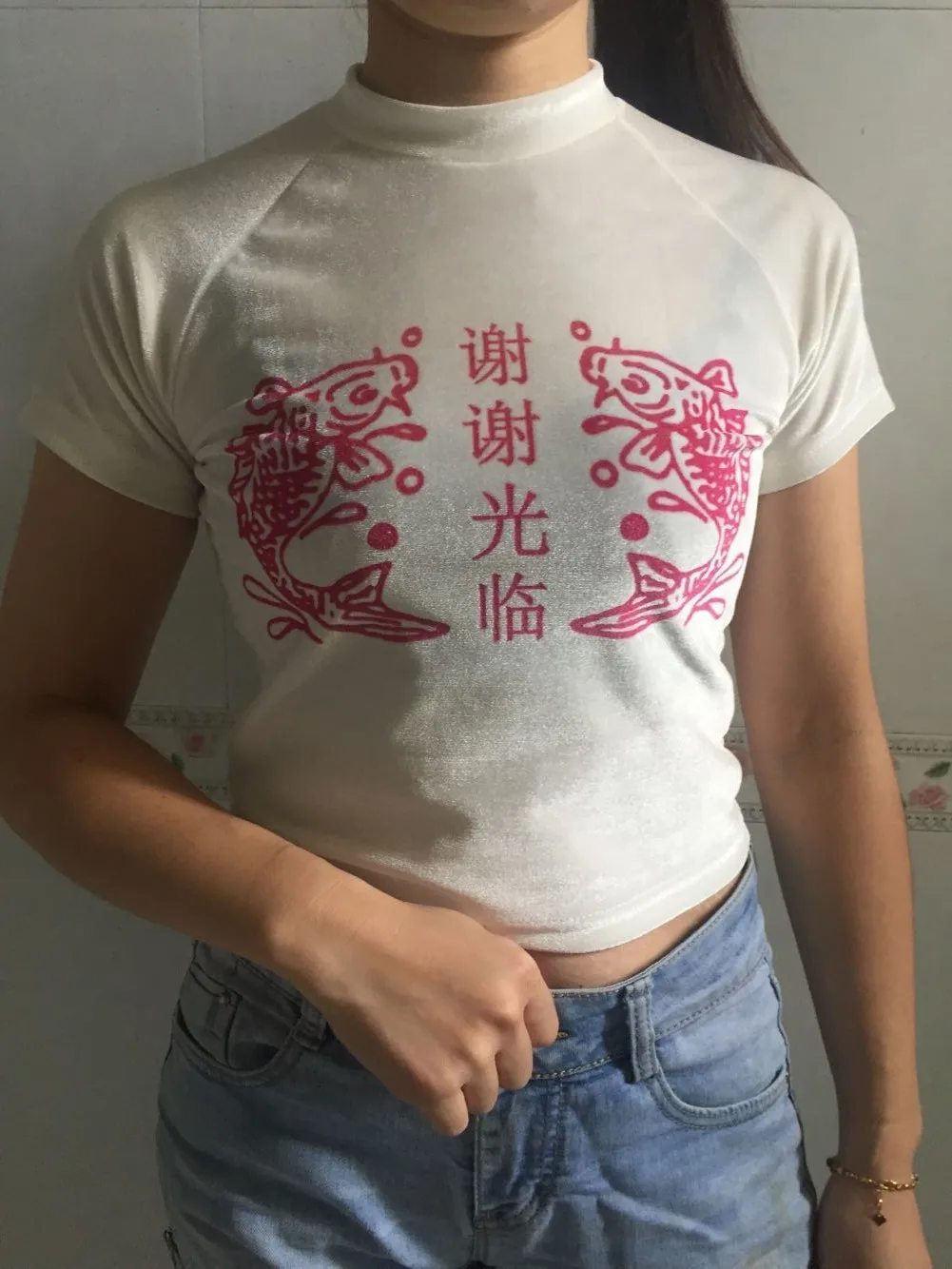 Размера плюс благодарю японский Письмо печати Тонкий укороченный Топ Футболка