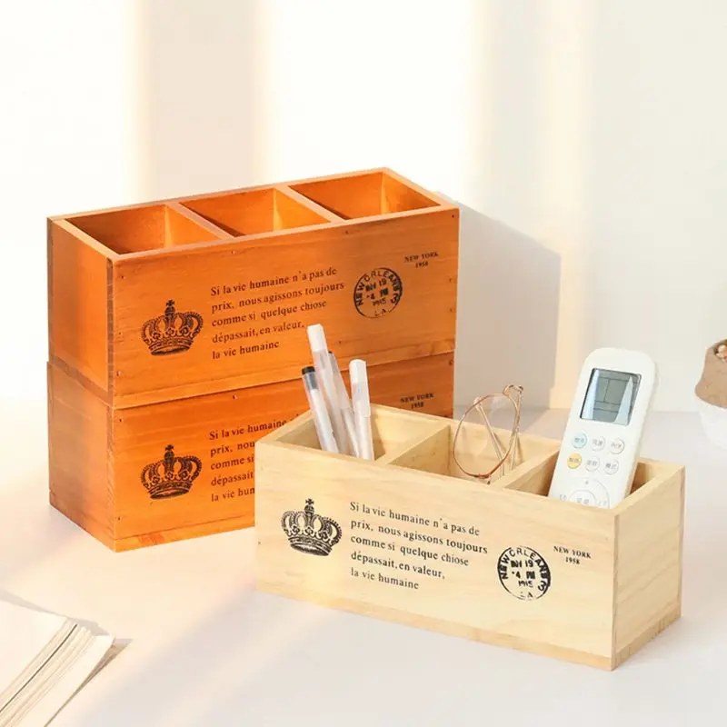 

Rectangular Retro Wooden TV Remote Control Pen Phone Holder 3 Grid Organizer Box 72XF