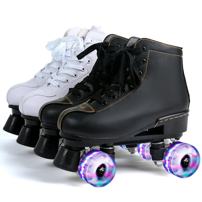White Black Lether Double Row Roller Skates Shoes Flash PU 4-Wheel Kids Adult Man Woman Outdoor Patine shoes 35-45