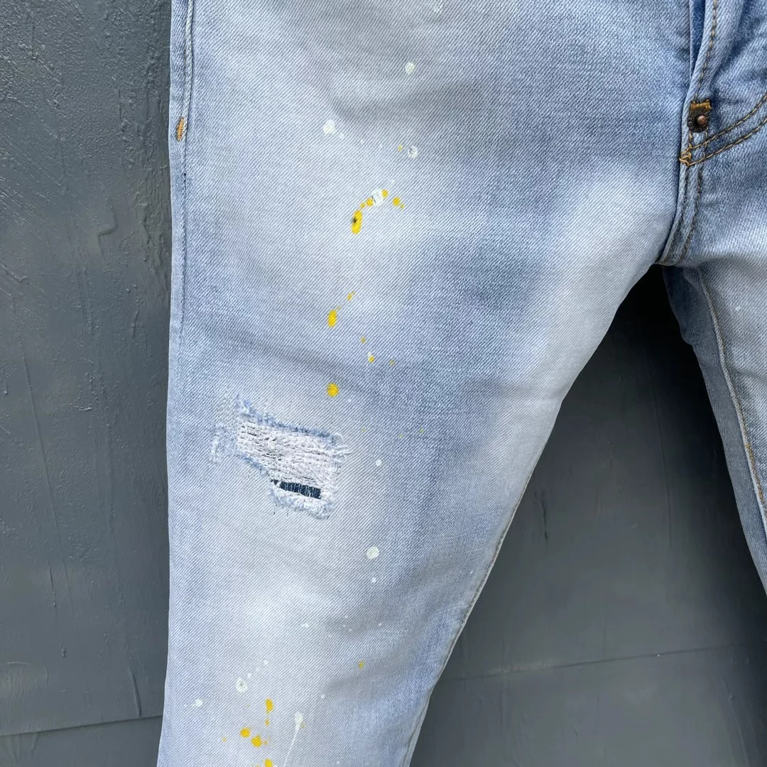 2022 Spring Summer New DSQUARED2 Men's/Women's Light-Colored Jeans Fashion Slim-Fitting Washed Paint Stretch Pants 030