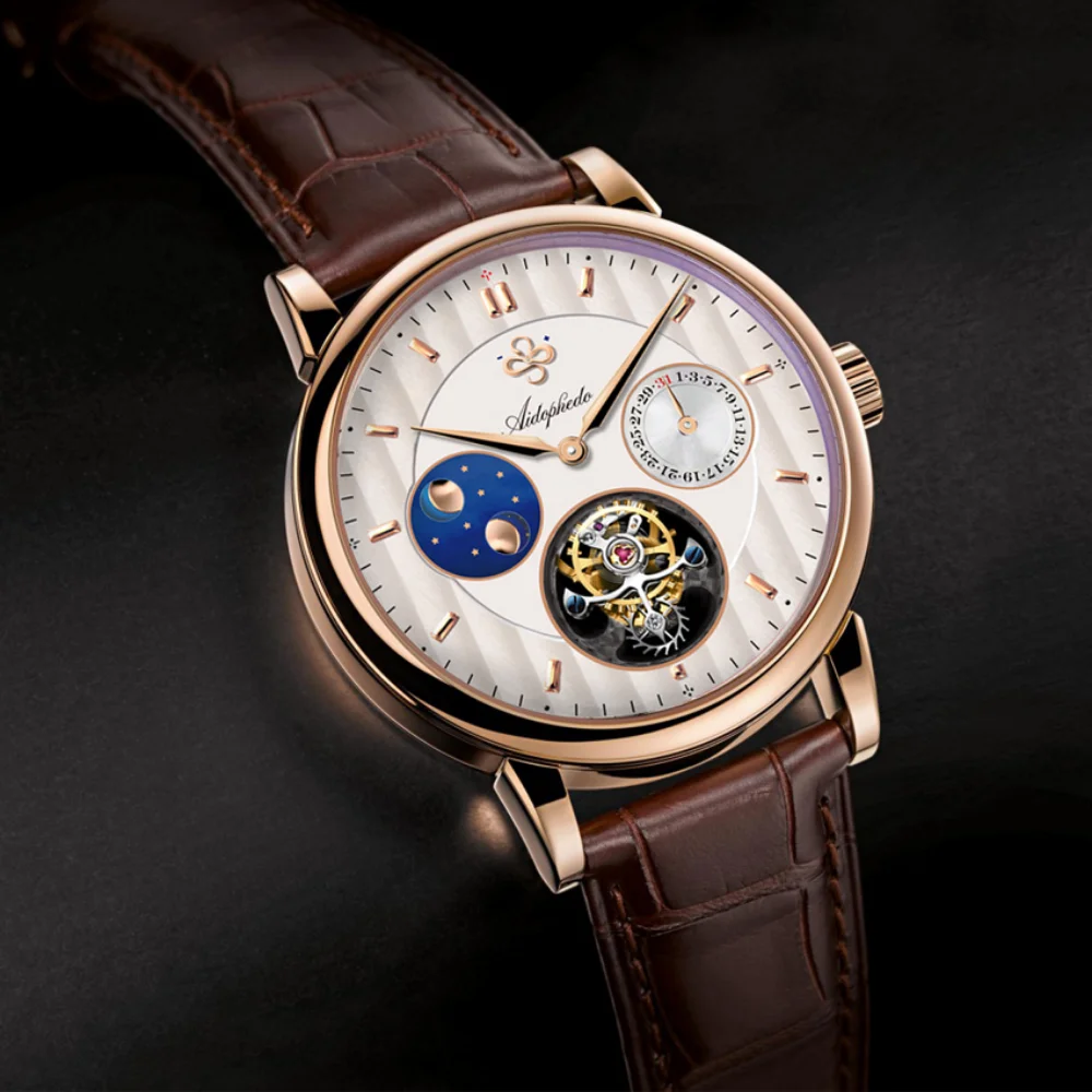 

2021 Aidophedo Real ST8007 Tourbillon Men's Watch Moon Phase Calendar Men Mechanical Watches Top Luxury Brand Male Clock