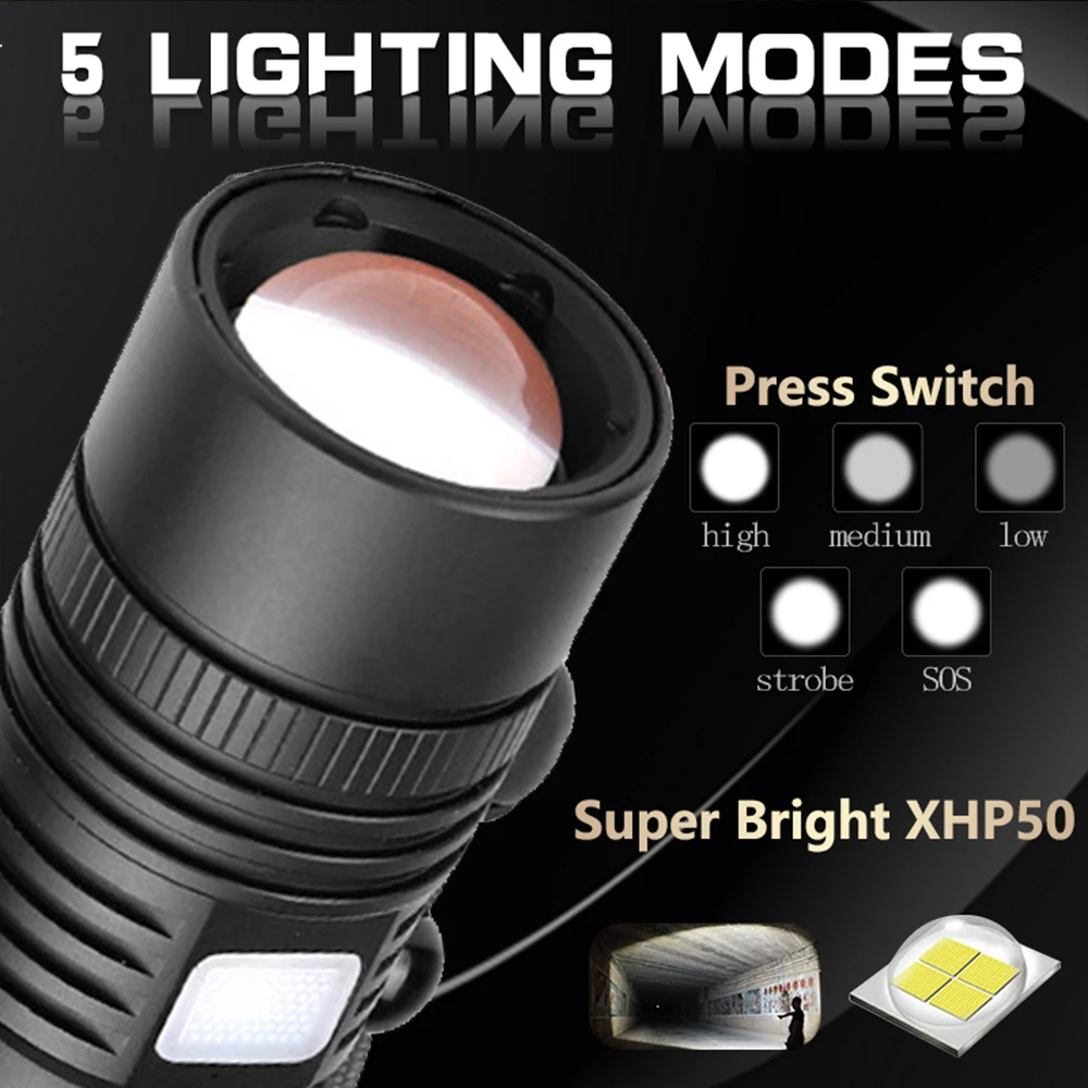 LED Flashlight XHP50.2 Powerful Flashlight USB Rechargeable Torch Zoom LED Torch Waterproof Flashlight by 18650 Battery