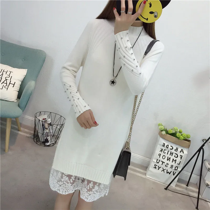 Зима плюс размер 2XL кружевное платье женское Макси вязаное длинное базовое с